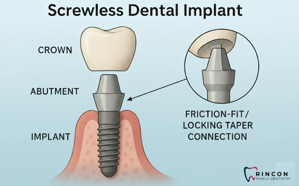 What are screwless dental implants-Diagram of implant showing crown, abutment, and bone.